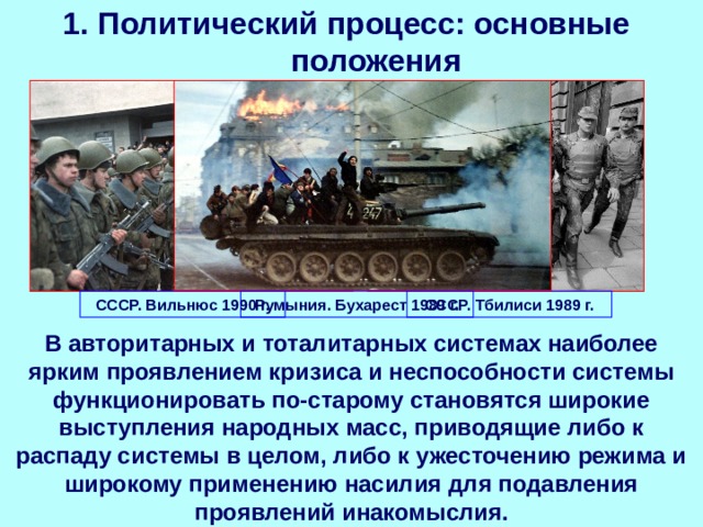 1. Политический процесс: основные положения СССР. Вильнюс 1990 г. СССР. Тбилиси 1989 г. Румыния. Бухарест 1989 г. В авторитарных и тоталитарных системах наиболее ярким проявлением кризиса и неспособности системы функционировать по-старому становятся широкие выступления народных масс, приводящие либо к распаду системы в целом, либо к ужесточению режима и широкому применению насилия для подавления проявлений инакомыслия. 