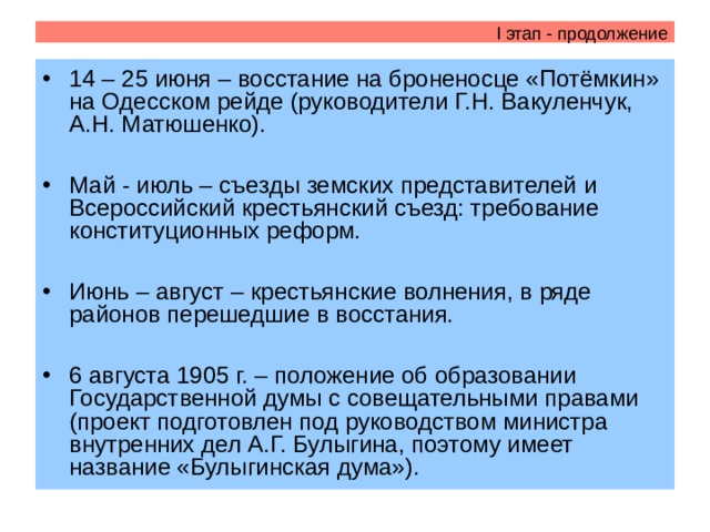 I этап - продолжение 14 – 25 июня – восстание на броненосце «Потёмкин» на Одесском рейде (руководители Г.Н. Вакуленчук, А.Н. Матюшенко).  Май - июль – съезды земских представителей и Всероссийский крестьянский съезд: требование конституционных реформ.  Июнь – август – крестьянские волнения, в ряде районов перешедшие в восстания.  6 августа 1905 г. – положение об образовании Государственной думы с совещательными правами (проект подготовлен под руководством министра внутренних дел А.Г. Булыгина, поэтому имеет название «Булыгинская дума»). 
