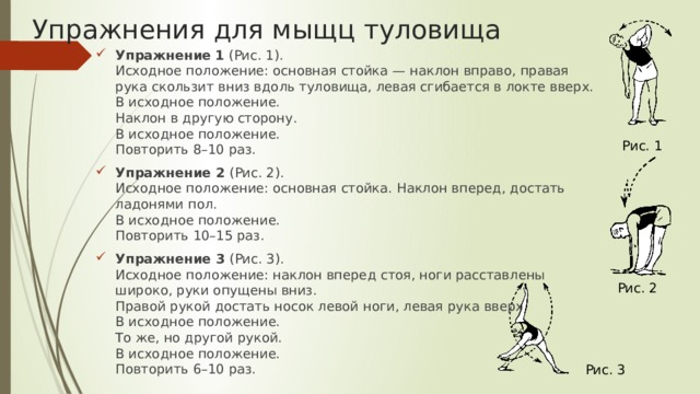 Распределите картинки с упражнениями на 3 категории 1 упражнения для мышц туловища