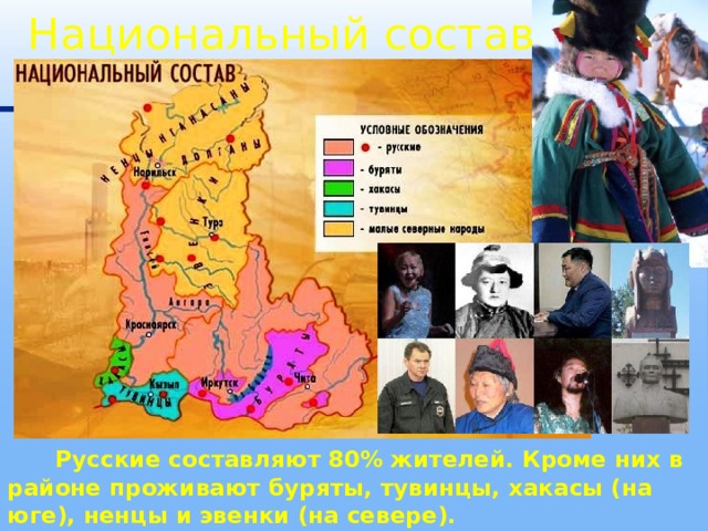 Национальный состав  Русские составляют 80% жителей. Кроме них в районе проживают буряты, тувинцы, хакасы (на юге), ненцы и эвенки (на севере). 