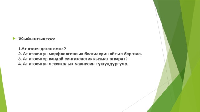 Жыйынтыктоо:   1.Ат атооч деген эмне?  2. Ат атоочтун морфологиялык белгилерин айтып бергиле.  3. Ат атоочтор кандай синтаксистик кызмат аткарат?  4. Ат атоочтун лексикалык маанисин түшүндүргүлө.   