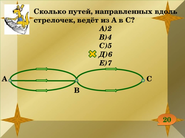 Сколько путей, направленных вдоль стрелочек, ведёт из А в С? А)2 В)4 С)5 Д)6 Е)7 С А В 20 