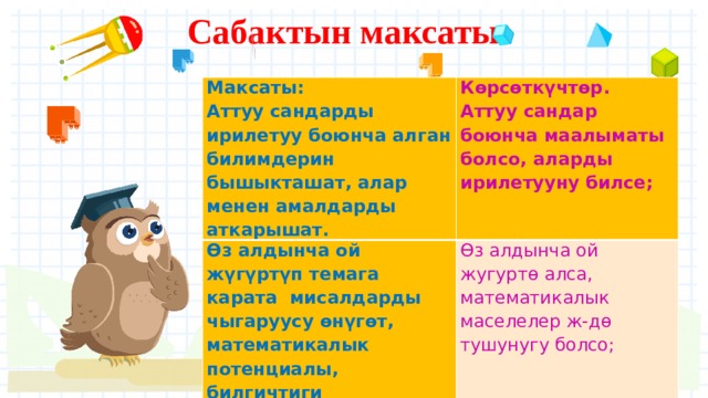 Сабактын максаты : Максаты: Өз алдынча ой жүгүртүп темага карата мисалдарды чыгаруусу өнүгөт, математикалык потенциалы, билгичтиги калыптанат. Көрсөткүчтөр. Аттуу сандарды ирилетуу боюнча алган билимдерин бышыкташат, алар менен амалдарды аткарышат. Өз алдынча ой жугуртө алса, математикалык маселелер ж-дө тушунугу болсо; Аттуу сандар боюнча маалыматы болсо, аларды ирилетууну билсе;  Өз алдынчалыкка, тактыкка тарбияланышат.  Өз алдынча иштей алса,так иштесе Правильный ответ Неправильный ответ Неправильный ответ 