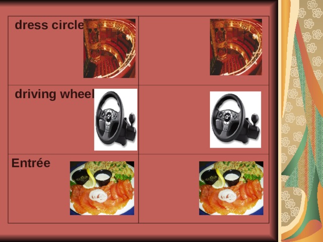 dress circle    driving wheel    Entrée   