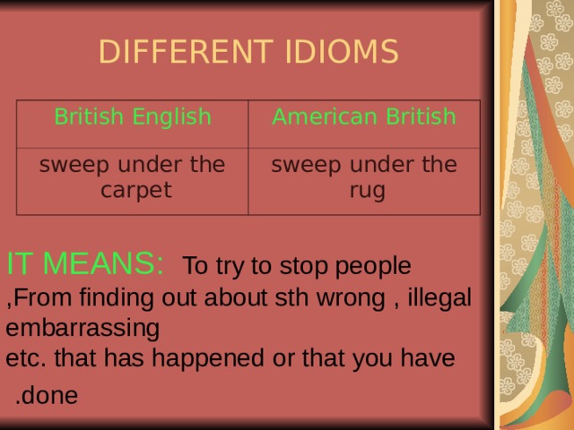 DIFFERENT IDIOMS British English American British sweep under the carpet  sweep under the rug  IT MEANS:   To try to stop people From finding out about sth wrong , illegal ,  embarrassing etc. that has happened or that you have done .  