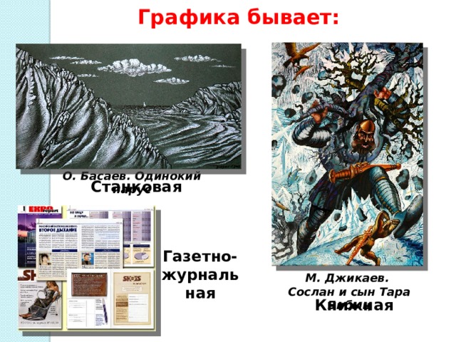 Графика бывает: О. Басаев. Одинокий парус Станковая Газетно-журнальная М. Джикаев. Сослан и сын Тара Бибыц Книжная 