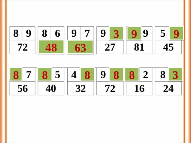 3 9 9 8 72 9       8 56 6   7     9   7 5   40     9 4 27 32         9  72 81 9         5 2 16   45   8   24 48 63 3 8 8 8 8 8