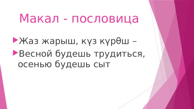 Макал - пословица Жаз жарыш, к үз күрθш – Весной будешь трудиться, осенью будешь сыт 