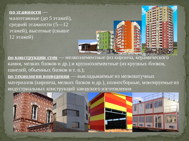 по этажности — малоэтажные (до 5 этажей), средней этажности (5—12 этажей), высотные (свыше 12 этажей) по конструкции стен — мелкоэлементные (из кирпича, керамического камня, мелких блоков и др.) и крупноэлементные (из крупных-блоков, панелей, объемных блоков и т. п.); по технологии возведения — выкладываемые из мелкоштучных материалов (кирпича, мелких блоков и др.), полносборные, монтируемые из индустриальных конструкций заводского изготовления 