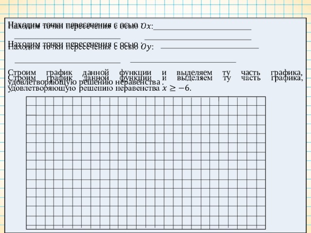 Находим точки пересечения с осью :  Находим точки пересечения с осью :    Строим график данной функции и выделяем ту часть графика, удовлетворяющую решению неравенства . 