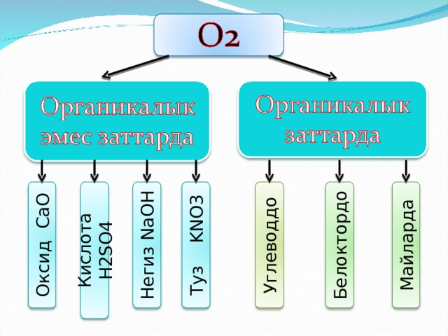 Оксид СаО Кислота Н2 SO4 Негиз NaOH Туз  KNO3 Углеводдо Белоктордо Майларда 