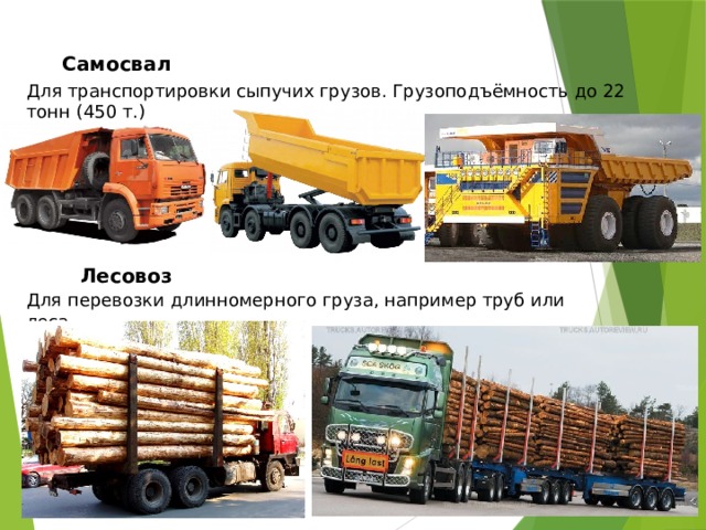 Самосвал Для транспортировки сыпучих грузов. Грузоподъёмность до 22 тонн (450 т.) Лесовоз Для перевозки длинномерного груза, например труб или леса 
