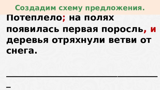 Создадим схему предложения. Потеплело ; на полях появилась первая поросль ,  и деревья отряхнули ветви от снега.  ___________________________________   