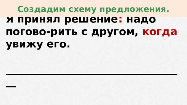 Создадим схему предложения. Я принял решение :  надо погово-рить с другом, когда увижу его.  ___________________________________   