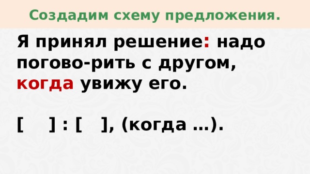 Создадим схему предложения. Я принял решение :  надо погово-рить с другом, когда увижу его.  [ ] : [ ], (когда …).   