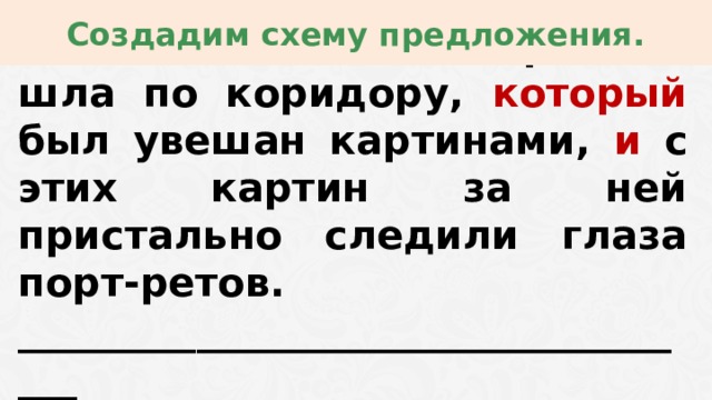 Создадим схему предложения. Сон изменился : теперь она шла по коридору, который был увешан картинами, и с этих картин за ней пристально следили глаза порт-ретов. ____________________________________  