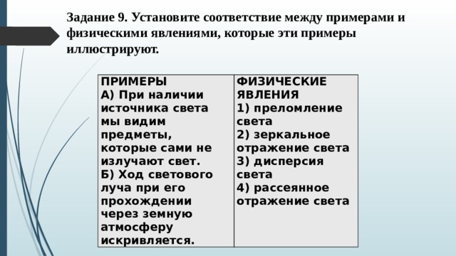 Задание 9. Установите соответствие между примерами и физическими явлениями, которые эти примеры иллюстрируют. ПРИМЕРЫ А) При наличии источника света мы видим предметы, которые сами не излучают свет. ФИЗИЧЕСКИЕ ЯВЛЕНИЯ 1) преломление света Б) Ход светового луча при его прохождении через земную атмосферу искривляется. 2) зеркальное отражение света 3) дисперсия света 4) рассеянное отражение света 