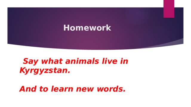 Homework  Say what animals live in Kyrgyzstan.  And to learn new words. 
