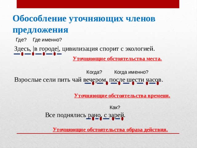 Обособление уточняющих членов предложения Где именно? Где? Здесь, |в городе|, цивилизация спорит с экологией. Уточняющие обстоятельства места. Когда именно? Когда? Взрослые сели пить чай вечером, после шести часов. Уточняющие обстоятельства времени. Как? Все поднялись рано, с зарей. Уточняющие обстоятельства образа действия. 