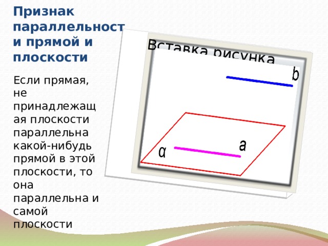 Вставка рисунка Признак параллельности прямой и плоскости Если прямая, не принадлежащая плоскости параллельна какой-нибудь прямой в этой плоскости, то она параллельна и самой плоскости 