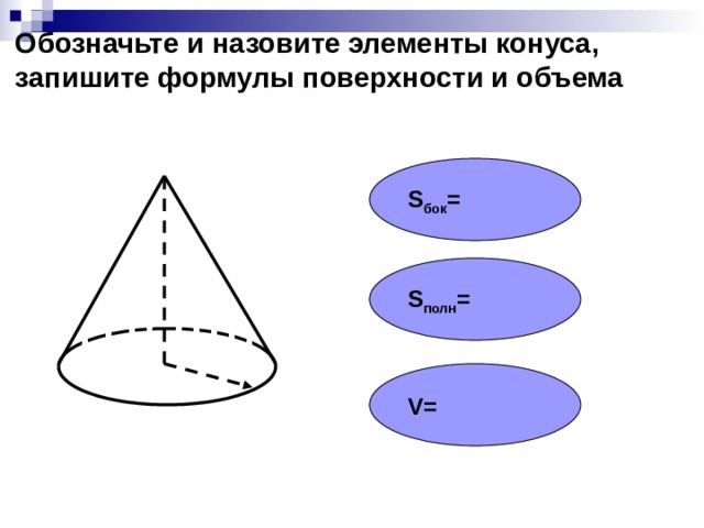  Обозначьте и назовите элементы конуса,  запишите формулы поверхности и объема S бок = S полн = V= 