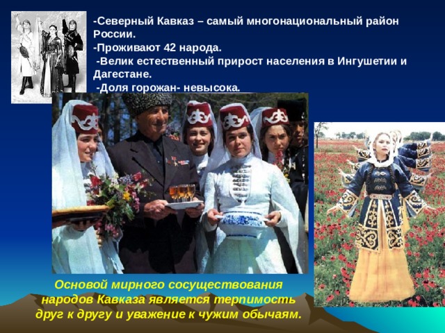 -Северный Кавказ – самый многонациональный район России. -Проживают 42 народа.  -Велик естественный прирост населения в Ингушетии и Дагестане.  -Доля горожан- невысока. Основой мирного сосуществования народов Кавказа является терпимость друг к другу и уважение к чужим обычаям.  