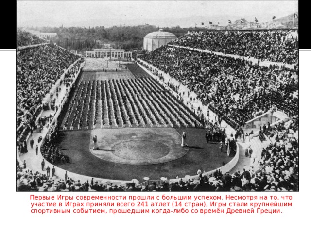  Первые Игры современности прошли с большим успехом. Несмотря на то, что участие в Играх приняли всего 241 атлет (14 стран), Игры стали крупнейшим спортивным событием, прошедшим когда-либо со времён Древней Греции. 