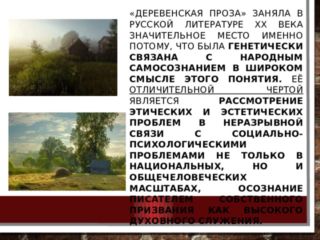 «Деревенская проза» заняла в русской литературе ХХ века значительное место именно потому, что была генетически связана с народным самосознанием в широком смысле этого понятия. Её отличительной чертой является рассмотрение этических и эстетических проблем в неразрывной связи с социально-психологическими проблемами не только в национальных, но и общечеловеческих масштабах, осознание писателем собственного призвания как высокого духовного служения. 