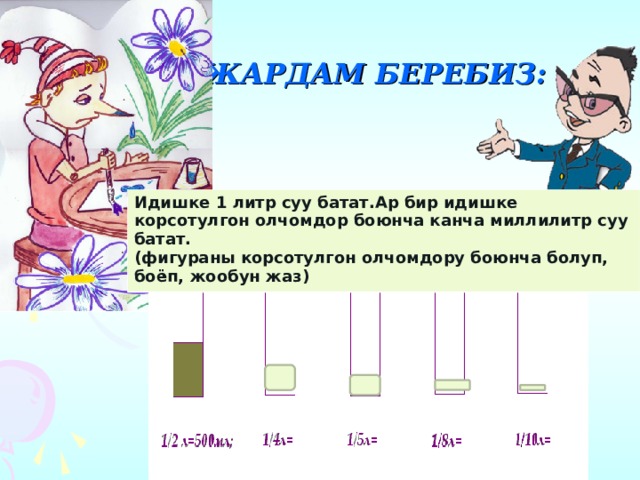 ЖАРДАМ БЕРЕБИЗ: Идишке 1 литр суу батат.Ар бир идишке корсотулгон олчомдор боюнча канча миллилитр суу батат. ( фигураны корсотулгон олчомдору боюнча болуп, боёп, жообун жаз )  