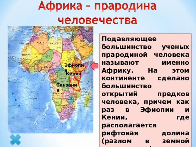 Подавляющее большинство ученых прародиной человека называют именно Африку. На этом континенте сделано большинство открытий предков человека, причем как раз в Эфиопии и Кении, где располагается рифтовая долина (разлом в земной поверхности). Эфиопия Кения Танзания Кликните по стрелке – на карте появятся названия стран, где обнаружены наиболее древние останки предков человека 4 4 