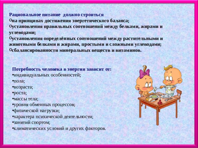 Рациональное питание должно строиться на принципах достижения энергетического баланса; установления правильных соотношений между белками, жирами и углеводами; установления определённых соотношений между растительными и животными белками и жирами, простыми и сложными углеводами; сбалансированности минеральных веществ и витаминов. Потребность человека в энергии зависит от: индивидуальных особенностей; пола; возраста; роста; массы тела; уровня обменных процессов; физической нагрузки; характера психической деятельности; занятий спортом; климатических условий и других факторов. 