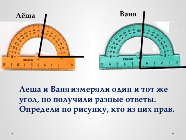 Ваня Лёша Леша и Ваня  измеряли один и тот же угол, но получили разные ответы. Определи по рисунку, кто из них прав. 