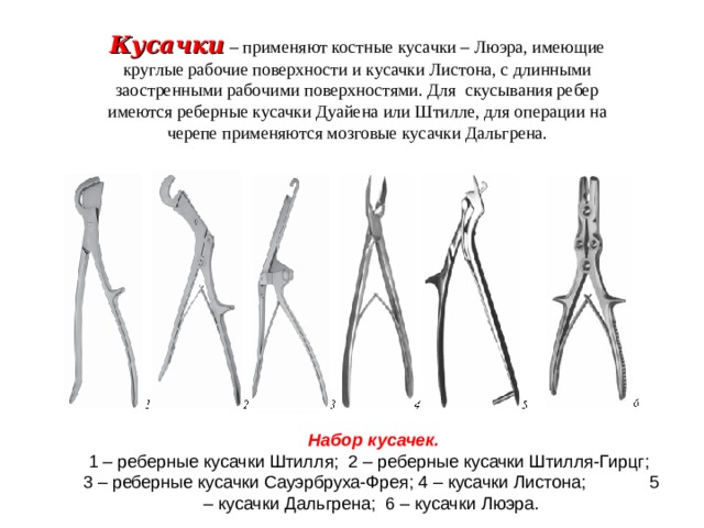 Кусачки  – применяют костные кусачки – Люэра, имеющие круглые рабочие поверхности и кусачки Листона, с длинными заостренными рабочими поверхностями. Для скусывания ребер имеются реберные кусачки Дуайена или Штилле, для операции на черепе применяются мозговые кусачки Дальгрена.  Набор кусачек. 1 – реберные кусачки Штилля; 2 – реберные кусачки Штилля-Гирцг; 3 – реберные кусачки Сауэрбруха-Фрея; 4 – кусачки Листона; 5 – кусачки Дальгрена; 6 – кусачки Люэра. 