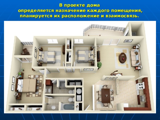 В проекте дома определяется назначение каждого помещения, планируется их расположение и взаимосвязь. 