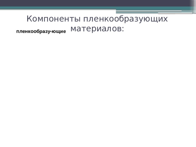 Компоненты пленкообразующих материалов: пленкообразу-ющие создают определенную вязкость наполнители растворители уменьшают усадку пленки; 