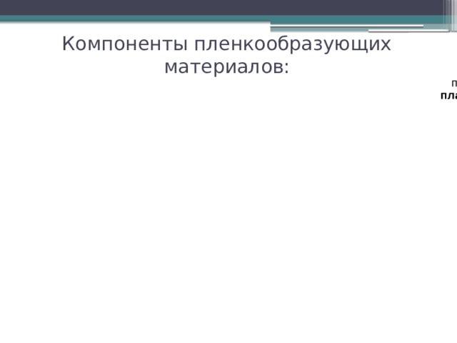 Компоненты пленкообразующих материалов: снижают усадку отвердители и катализаторы краски и  повышают эластичность композиции пластификаторы или смягчители 