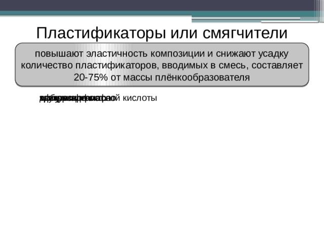 Пластификаторы или смягчители повышают эластичность композиции и снижают усадку количество пластификаторов, вводимых в смесь, составляет 20-75% от массы плёнкообразователя каучуки дибутилфталат трикрезилфосфат эфиры адипиновой кислоты касторовое масло 