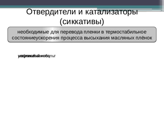 Отвердители и катализаторы  (сиккативы) необходимые для перевода пленки в термостабильное состояниеускорения процесса высыхания масляных плёнок нафтенаты уксусный свинец углекислый кобальт 