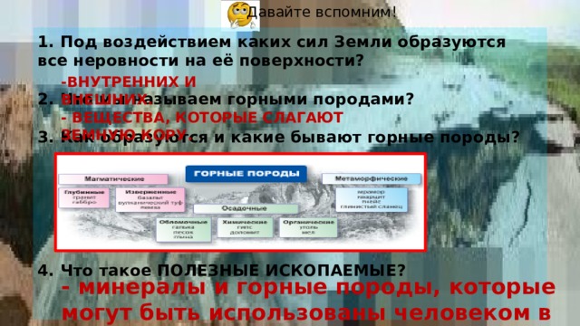 Давайте вспомним! 1. Под воздействием каких сил Земли образуются все неровности на её поверхности?   2. Что мы называем горными породами?   3. Как образуются и какие бывают горные породы?        4. Что такое ПОЛЕЗНЫЕ ИСКОПАЕМЫЕ?    -ВНУТРЕННИХ И ВНЕШНИХ. - ВЕЩЕСТВА, КОТОРЫЕ СЛАГАЮТ ЗЕМНУЮ КОРУ. - минералы и горные породы, которые могут быть использованы человеком в хозяйственной деятельности. 