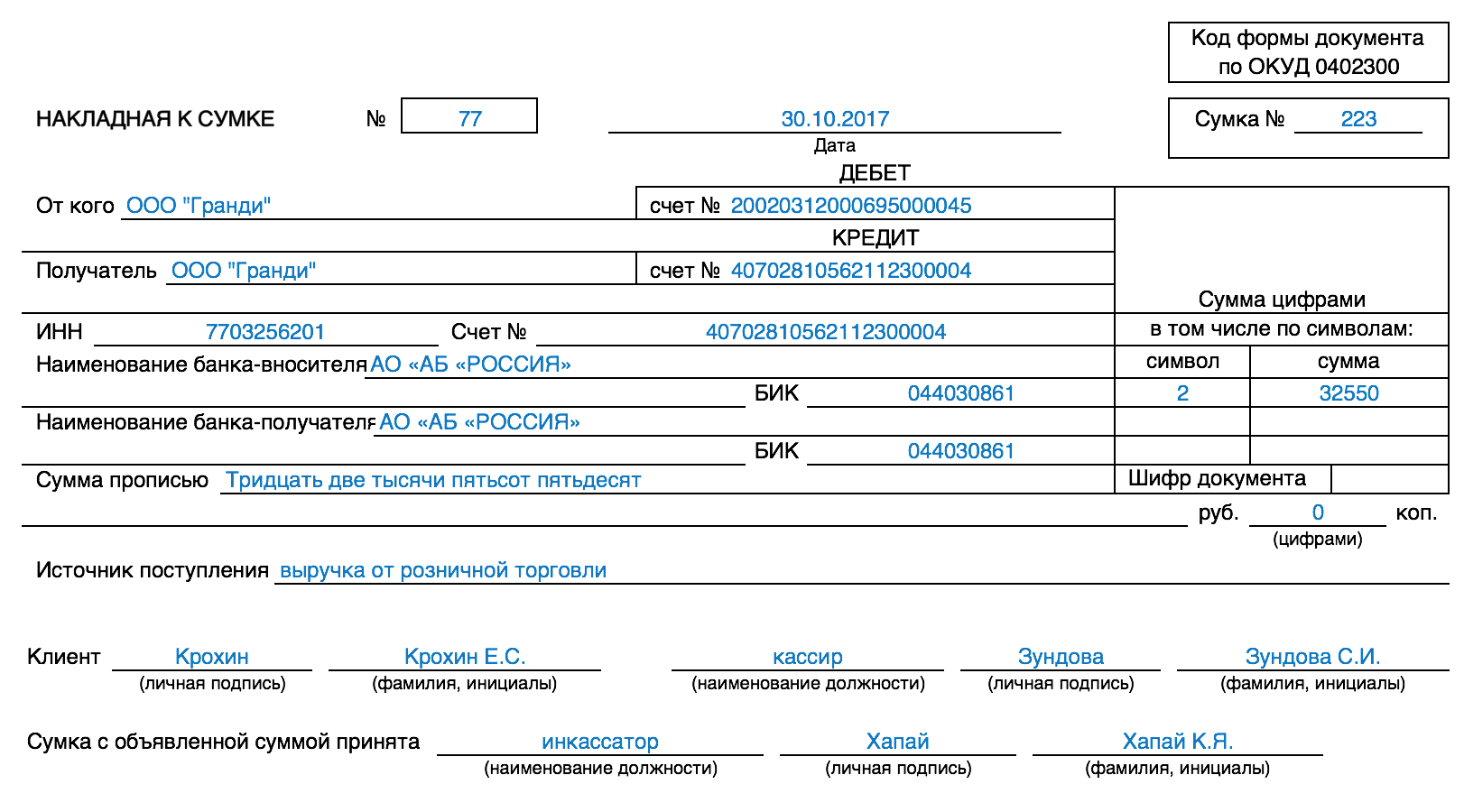 Образец сопроводительной ведомости