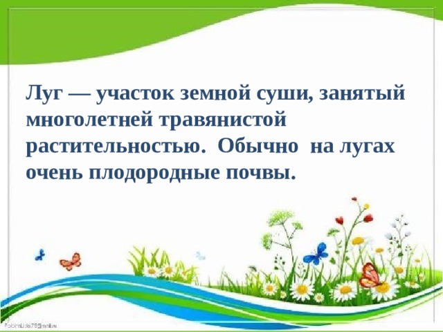 Луг — участок земной суши, занятый многолетней травянистой растительностью.  Обычно на лугах очень плодородные почвы.  