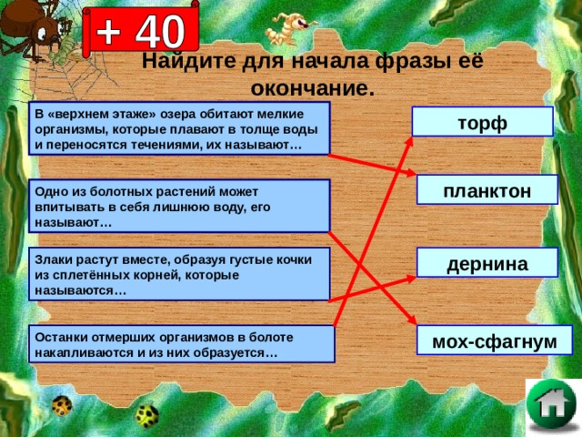 Найдите для начала фразы её окончание. В «верхнем этаже» озера обитают мелкие организмы, которые плавают в толще воды и переносятся течениями, их называют… торф планктон Одно из болотных растений может впитывать в себя лишнюю воду, его называют… дернина Злаки растут вместе, образуя густые кочки из сплетённых корней, которые называются… мох-сфагнум Останки отмерших организмов в болоте накапливаются и из них образуется… 