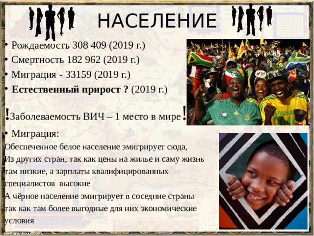 НАСЕЛЕНИЕ  Рождаемость 308 409 (2019 г.)  Смертность 182 962 (2019 г.)  Миграция - 33159 (2019 г.)  Естественный прирост  ? (2019 г.) ! Заболеваемость ВИЧ – 1 место в мире !  Миграция: Обеспеченное белое население эмигрирует сюда, Из других стран, так как цены на жилье и саму жизнь там низкие, а зарплаты квалифицированных специалистов высокие А чёрное население эмигрирует в соседние страны так как там более выгодные для них экономические условия 