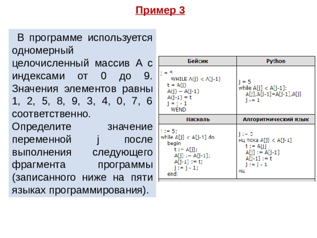 Пример 3  В программе используется одномерный целочисленный массив A с индексами от 0 до 9. Значения элементов равны 1, 2, 5, 8, 9, 3, 4, 0, 7, 6 соответственно. Определите значение переменной j после выполнения следующего фрагмента программы (записанного ниже на пяти языках программирования). 