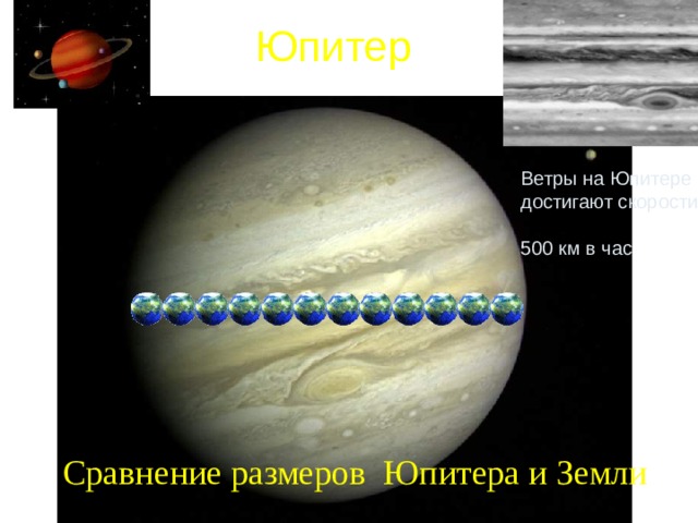 Юпитер Ветры на Юпитере достигают скорости  500 км в час Сравнение размеров Юпитера и Земли 