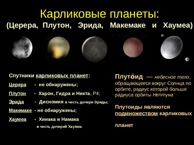 Карликовые планеты:  (Церера, Плутон, Эрида, Макемаке и Хаумеа) Плуто́ид  — небесное тело , обращающееся вокруг Солнца по орбите, радиус которой больше радиуса орбиты Нептуна   Плутоиды являются подмножеством карликовых планет  Спутники карликовых планет : Церера - не обнаружены; Плутон - Харон, Гидра и Никта , Р4; Эрида - Дисномия в честь дочери Эриды;   Макемаке - не обнаружены; Хаумеа - Хииака и Намака    в честь дочерей Хаумеа . ТНО 2003 UB313 – «Эрида», «Хена»  