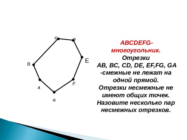 C D  ABCDEFG- многоугольник. Отрезки  AB , BC, CD, DE, EF,FG, GA - смежные  не лежат на одной прямой . Отрезки несмежные  не имеют общих точек. Назовите несколько пар несмежных отрезков. E B F A G 