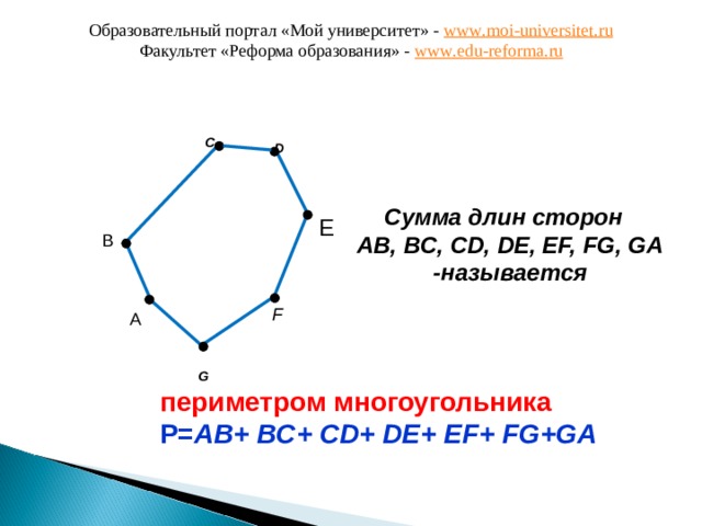 Образовательный портал «Мой университет» - www . moi - universitet . ru Факультет «Реформа образования» - www . edu - reforma . ru C D    Сумма длин сторон AB , BC, CD, DE, EF,  FG, GA - называется E B F А G периметром многоугольника Р= AB + BC + CD + DE + EF + FG + GA  