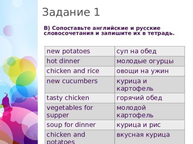 Задание 1 В) Сопоставьте английские и русские словосочетания и запишите их в тетрадь. new potatoes суп на обед hot dinner молодые огурцы chicken and rice new cucumbers овощи на ужин курица и картофель tasty chicken горячий обед vegetables for supper молодой картофель soup for dinner курица и рис chicken and potatoes вкусная курица  