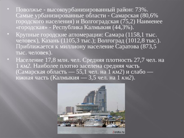 Поволжье - высокоурбанизированный район: 73%. Самые урбанизированные области - Самарская (80,6% городского населения) и Волгоградская (75,2) Наименее «городская» - Республика Калмыкия (44,3%). Крупные городские агломерации: Самара (1158,1 тыс. человек), Казань (1105,3 тыс.); Волгоград (1012,8 тыс.). Приближается к миллиону население Саратова (873,5 тыс. человек). Население 17,8 млн. чел. Средняя плотность 27,7 чел. на 1 км2. Наиболее плотно заселена средняя часть (Самарская область — 55,1 чел. на 1 км2 ) и слабо — южная часть (Калмыкия — 3,5 чел. на 1 км2 ).   